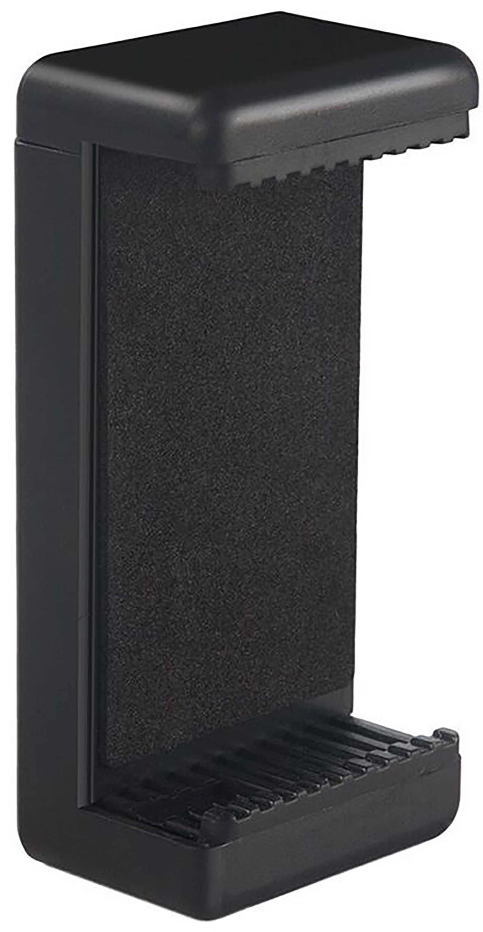 Zwarte telefoonhouder met schuimvulling, ontworpen om een telefoon vast te houden.