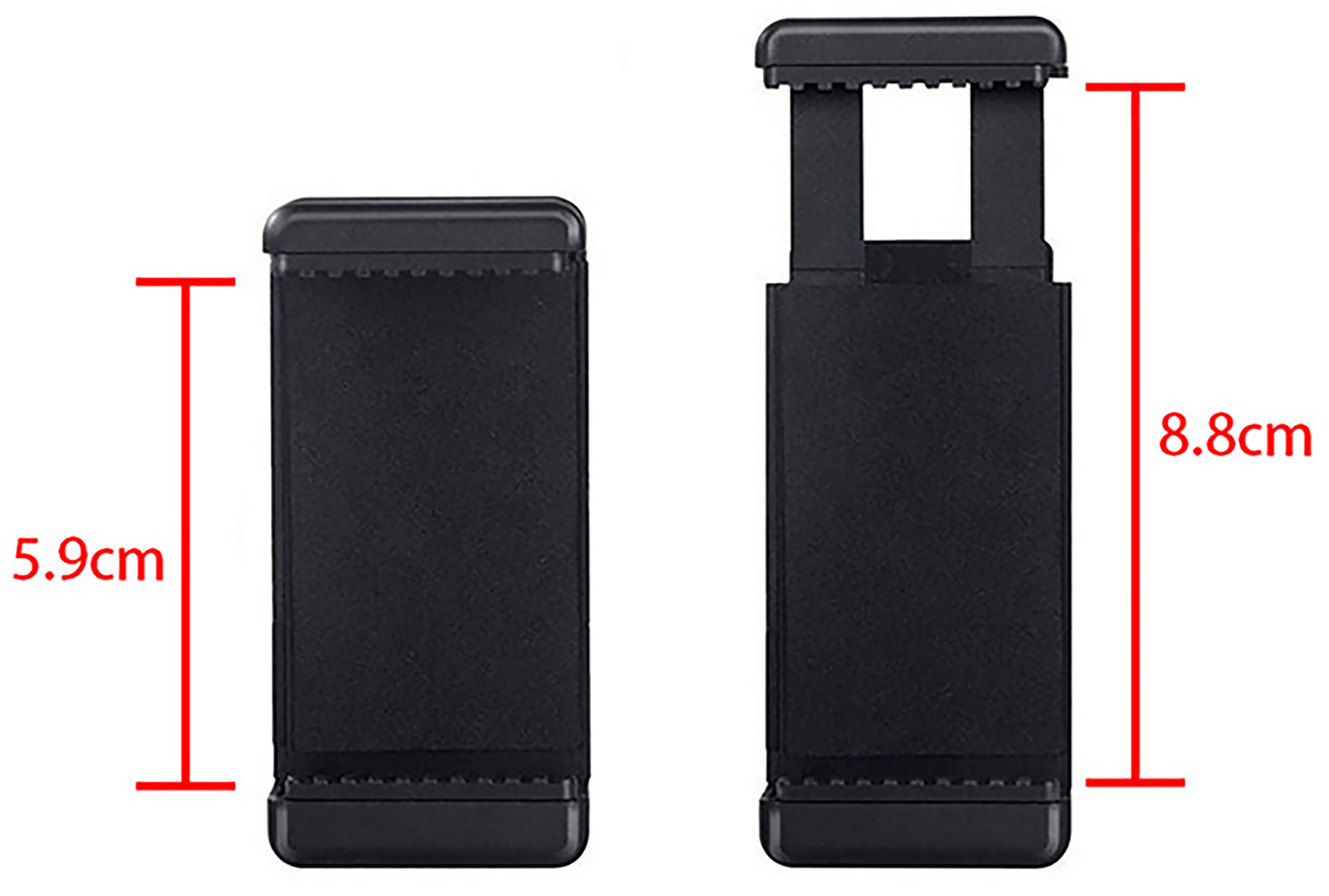 Twee zwarte telefoonhouders met afmetingen. Eén is 5,9 cm breed, de andere is 8,8 cm hoog.