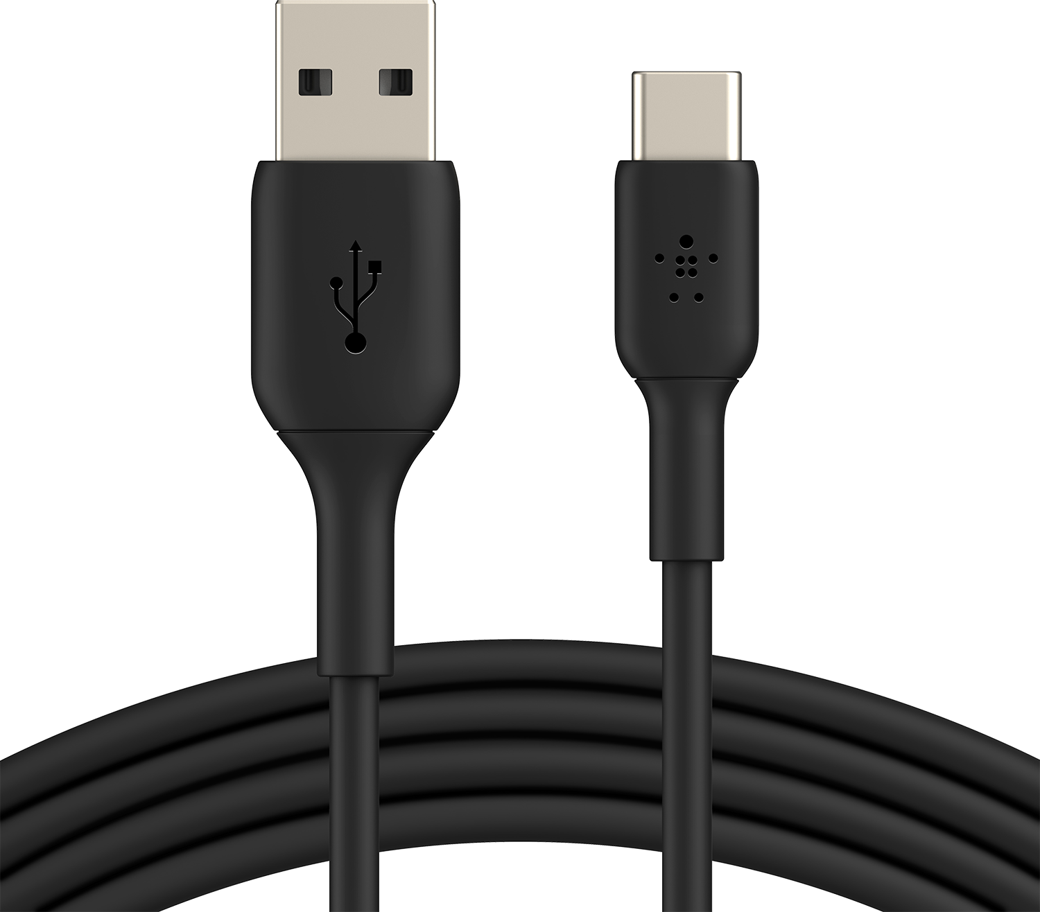 Zwarte USB naar USB-C kabel, opgerold en verbonden, witte achtergrond.