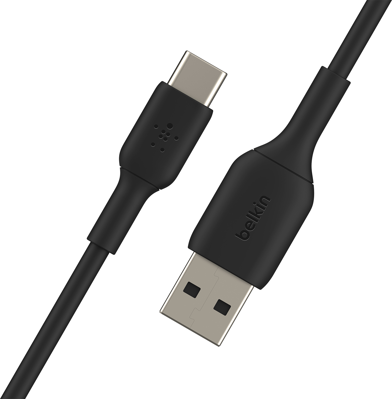 Zwarte USB-C naar USB-A kabel, merk Belkin, op zwarte achtergrond.