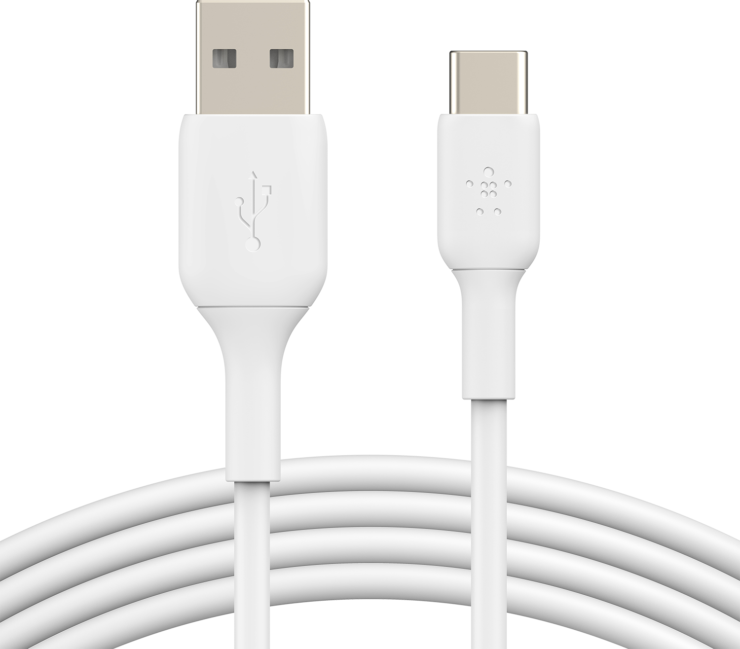 White USB-A to USB-C cable, coiled. USB-A connector is on the left, USB-C on the right.