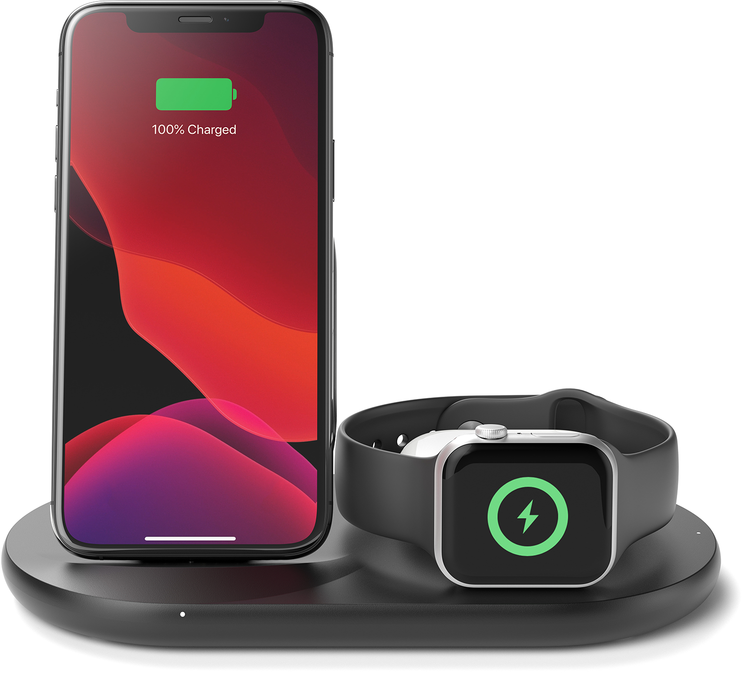 Een telefoon en smartwatch worden opgeladen. Telefoon toont 100% opgeladen. Horloge heeft oplaadsymbool. Beide zijn zwart.