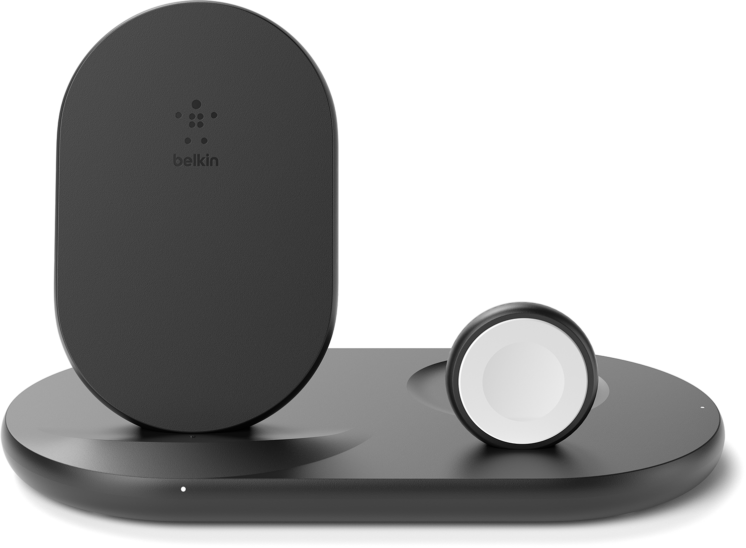 Zwart Belkin oplaadstation. Twee platforms, één voor telefoon, de andere voor een horloge.