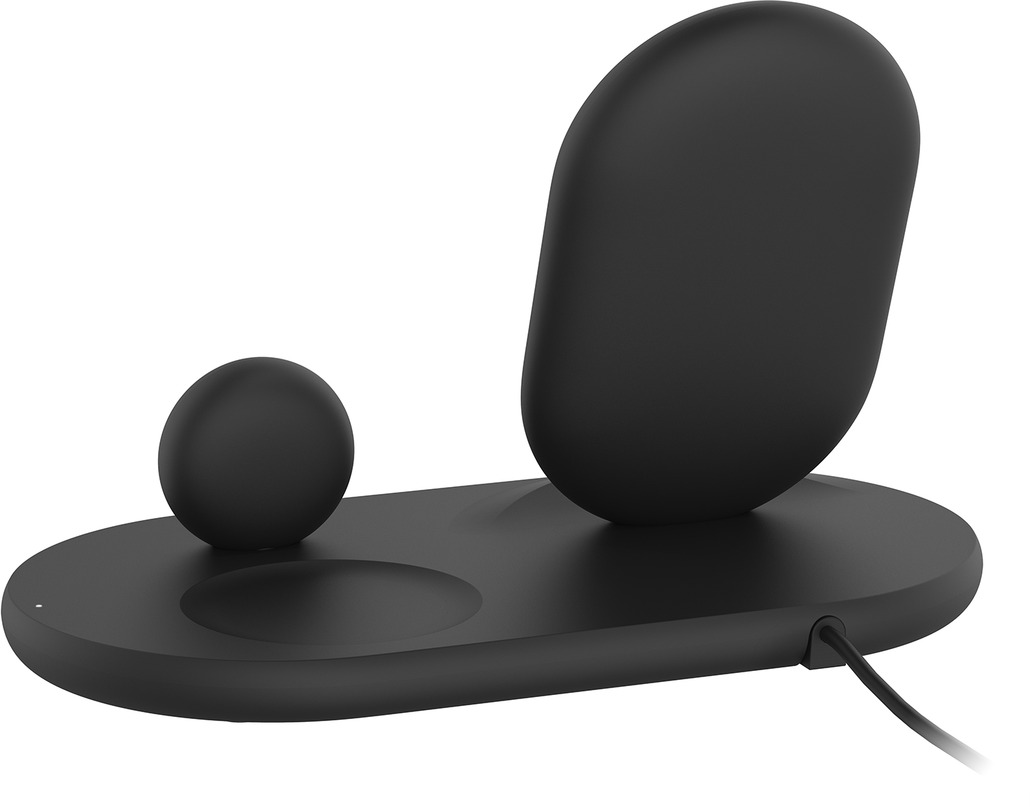 Zwart draadloos oplaadstation. Het heeft een basis met twee oplaadgebieden en een standaard. De basis is ovaal.
