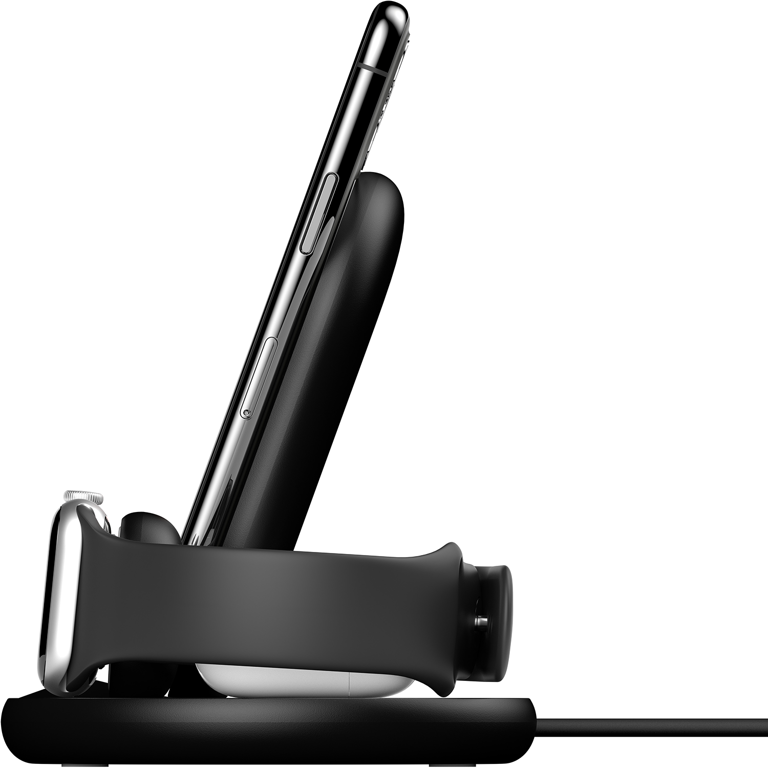Een zwart oplaadstandaard met een telefoon, horloge en oordopjes. Alles is zwart.