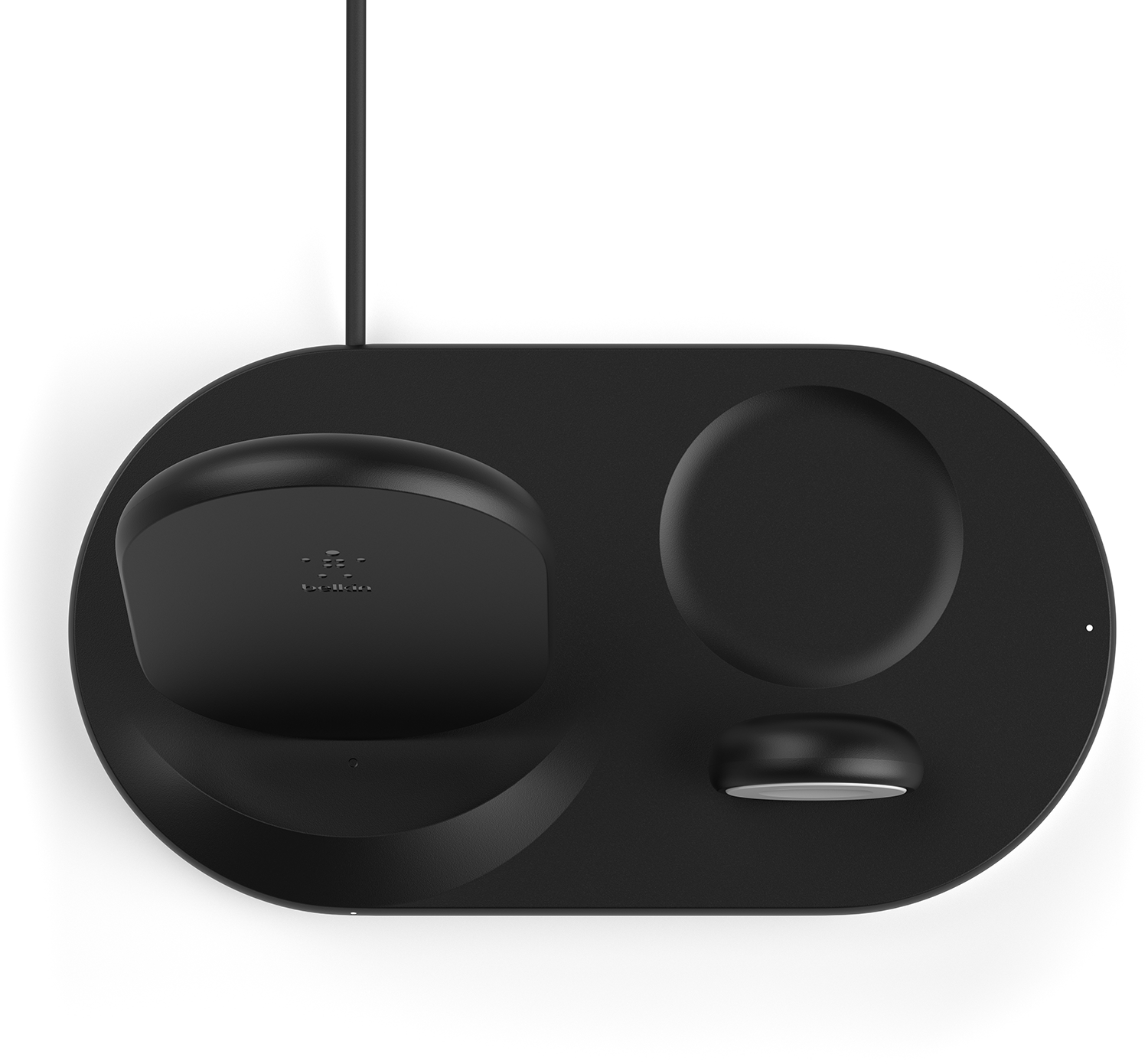 Zwart draadloos oplaadstation met drie oplaadpunten. Witte achtergrond.