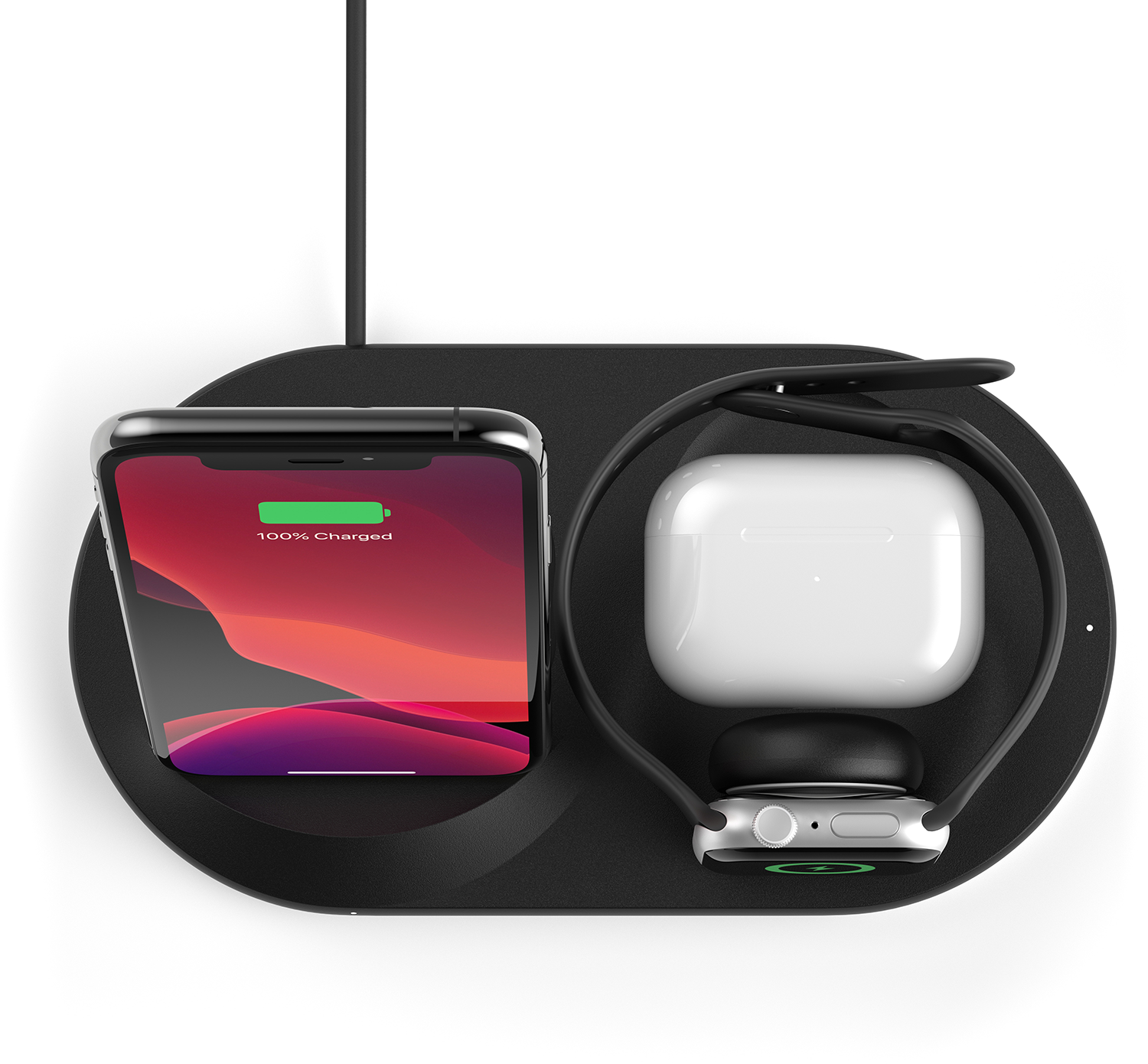 Draadloos oplaadpad met een telefoon die 100% oplaadt, een Apple Watch en AirPods. Zwart.