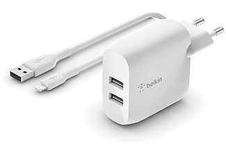 BELKIN Dual Wall Charger 24 Watt met PVC USB-A-naar-Lightning-kabel 1 Meter Wit