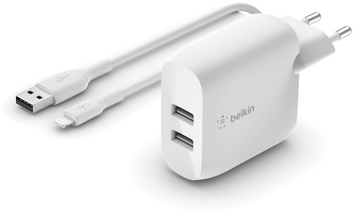 Chargeur mural USB-A double port Belkin BOOSTCHARGE avec câble Lightning