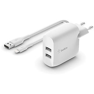 BELKIN Dual Wall Charger 24 Watt met PVC USB-A-naar-Lightning-kabel 1 Meter Wit