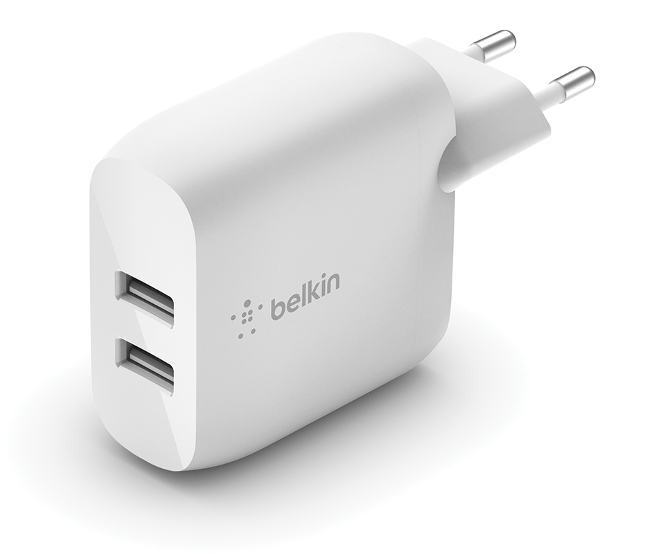 A white Belkin charger with two USB ports and two prongs.
