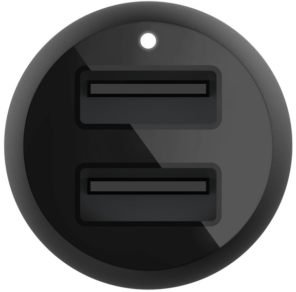 Black, round USB car charger with two USB ports.