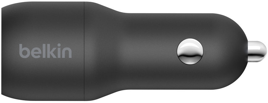 Black Belkin car charger with a silver button and the Belkin logo on the side.