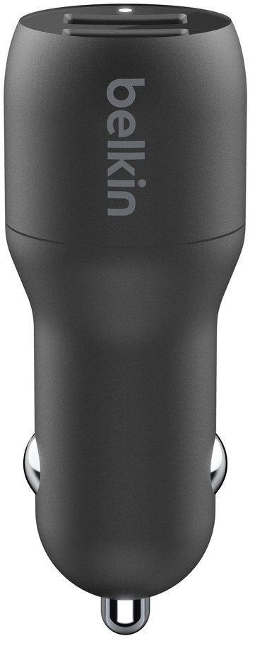 Black Belkin car charger.  Top has USB port.