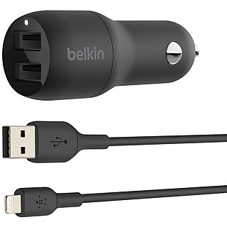 BELKIN Dual USB-A Car Charger 24 Watt met PVC USB-A-naar-Lightning-kabel 1 Meter Zwart