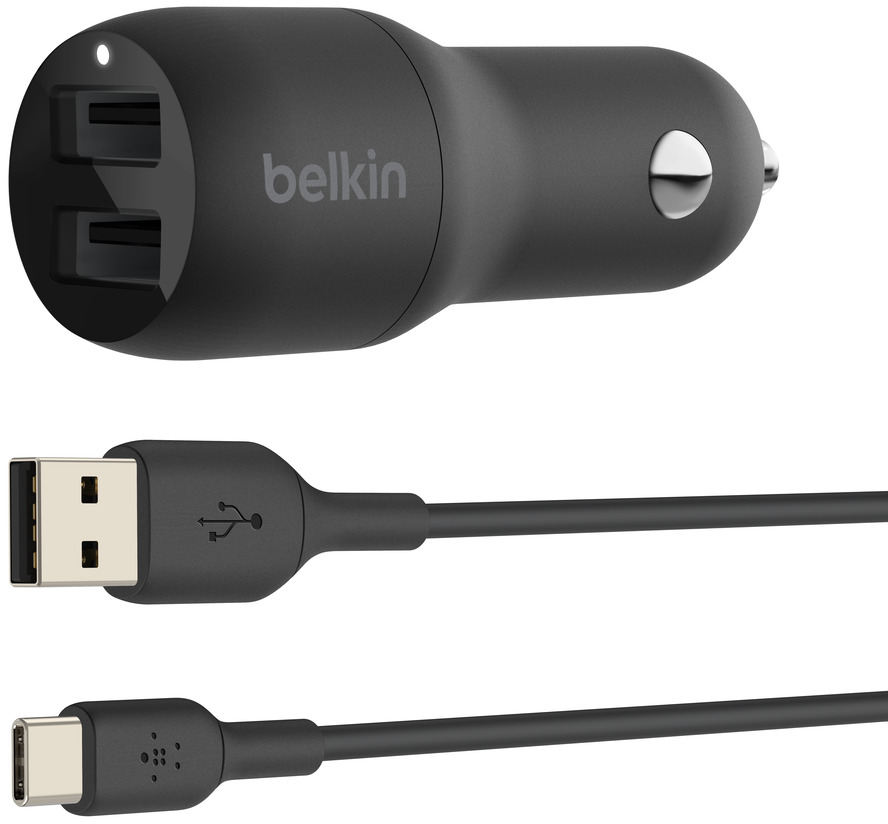 Belkin Dual Usb-a Car Charger 24 Watt Met Pvc Usb-a-naar-usb-c-kabel 1 Meter Zwart afbeelding