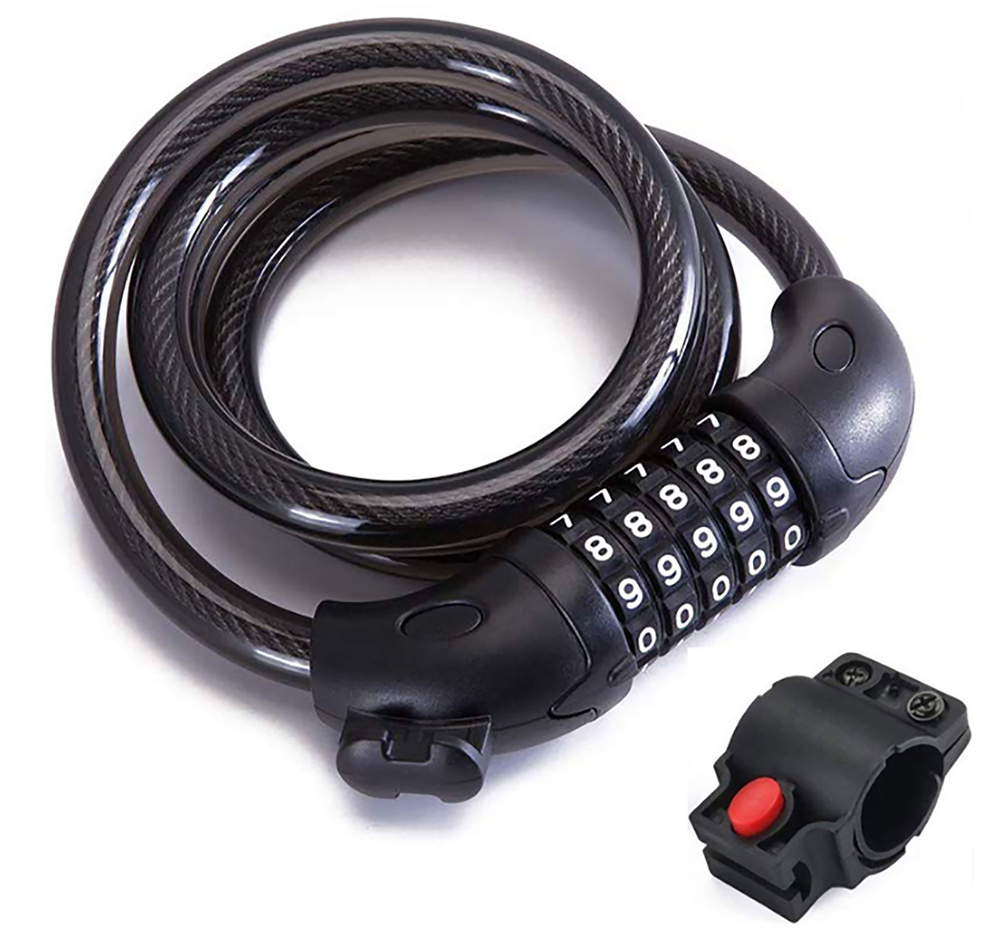 Een zwart combinatieslot voor fietsen met een zwarte kabel en een rode knop.