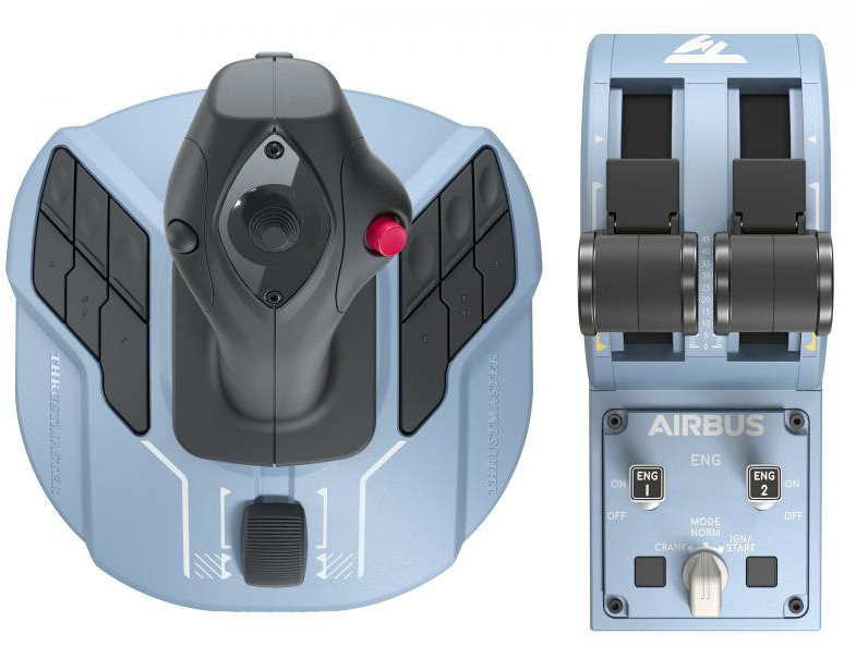 Ein Joystick und Bedienfeld für einen Flugsimulator in Hellblau.