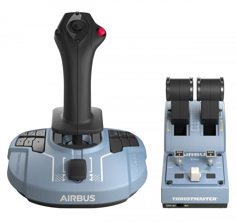 Flugsimulator-Steuerung: Joystick und Schubregler auf hellblauem Grund.