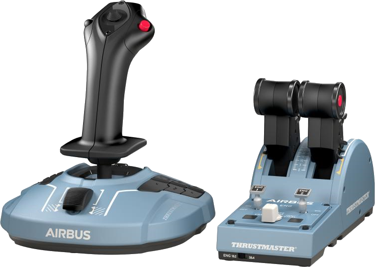 Flugsimulator-Joystick und Schubregler. Blaues und schwarzes Design. "AIRBUS" und "THRUSTMASTER" Etiketten.