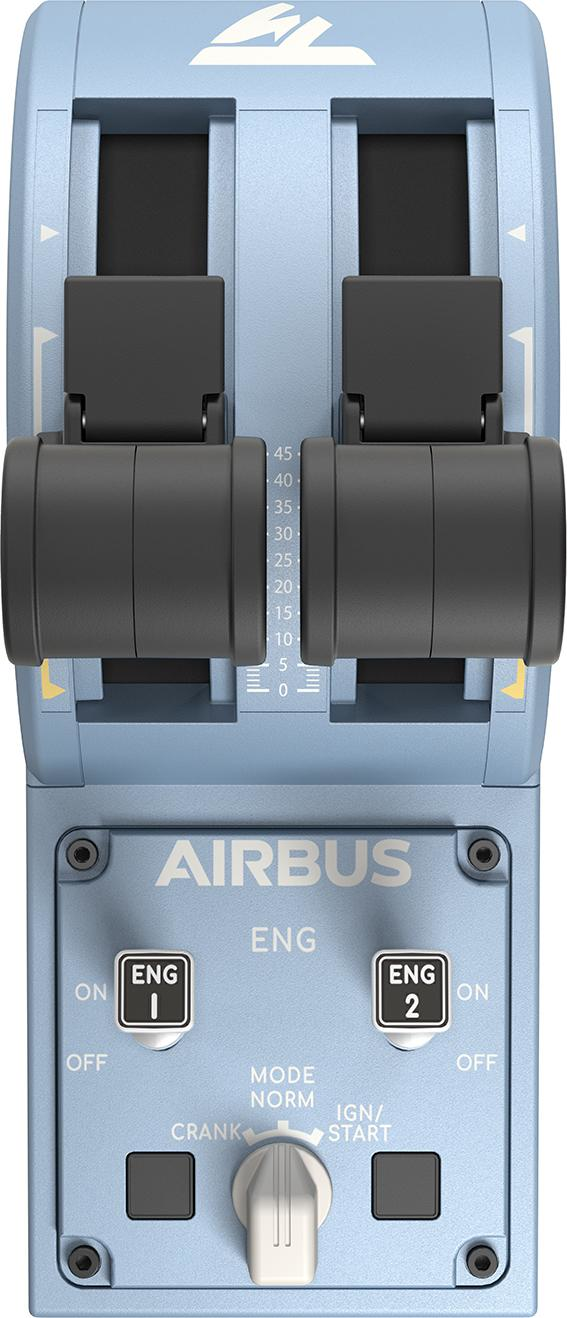 Hellblaues Airbus-Flugzeugbedienfeld mit Hebeln und Knöpfen.
