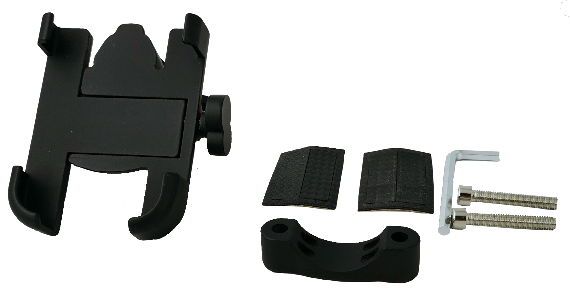 Support de téléphone noir avec bras et base réglables, plus deux coussinets et un support de montage.
