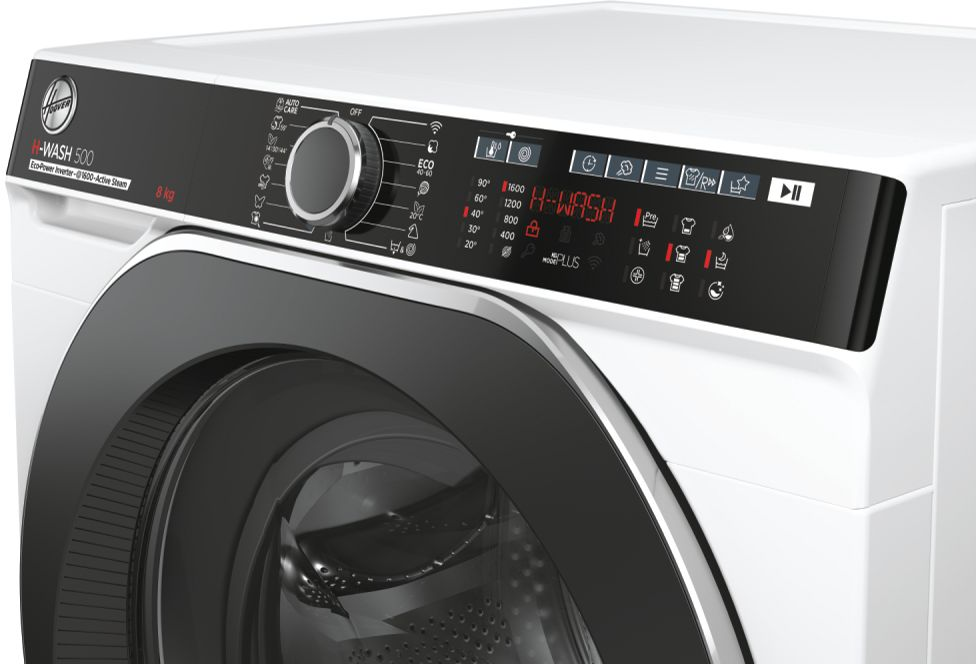 Lave-linge blanc, vue de face, avec panneau de commande et écran noirs.