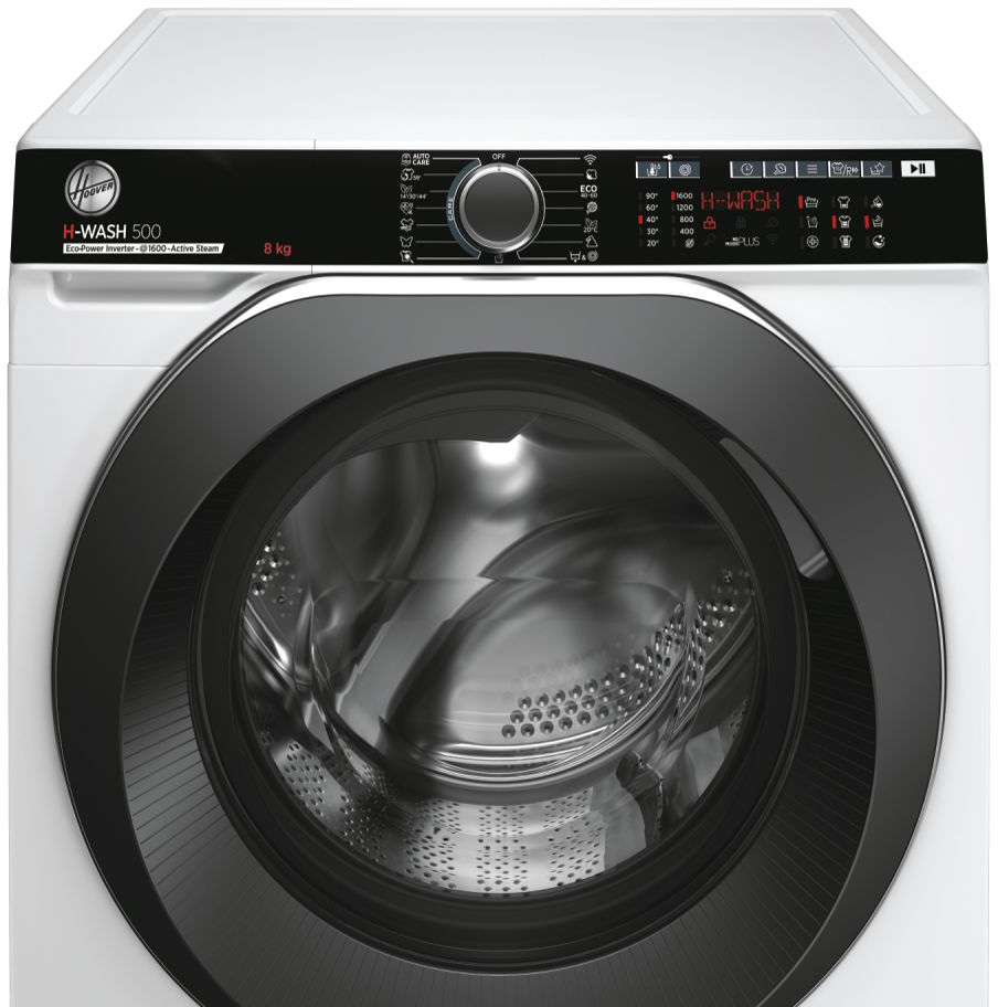 Lave-linge blanc avec porte et panneau de commande noirs.