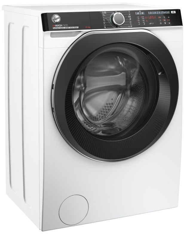 Lave-linge Hoover blanc avec une porte noire. Le lave-linge est sur fond blanc.
