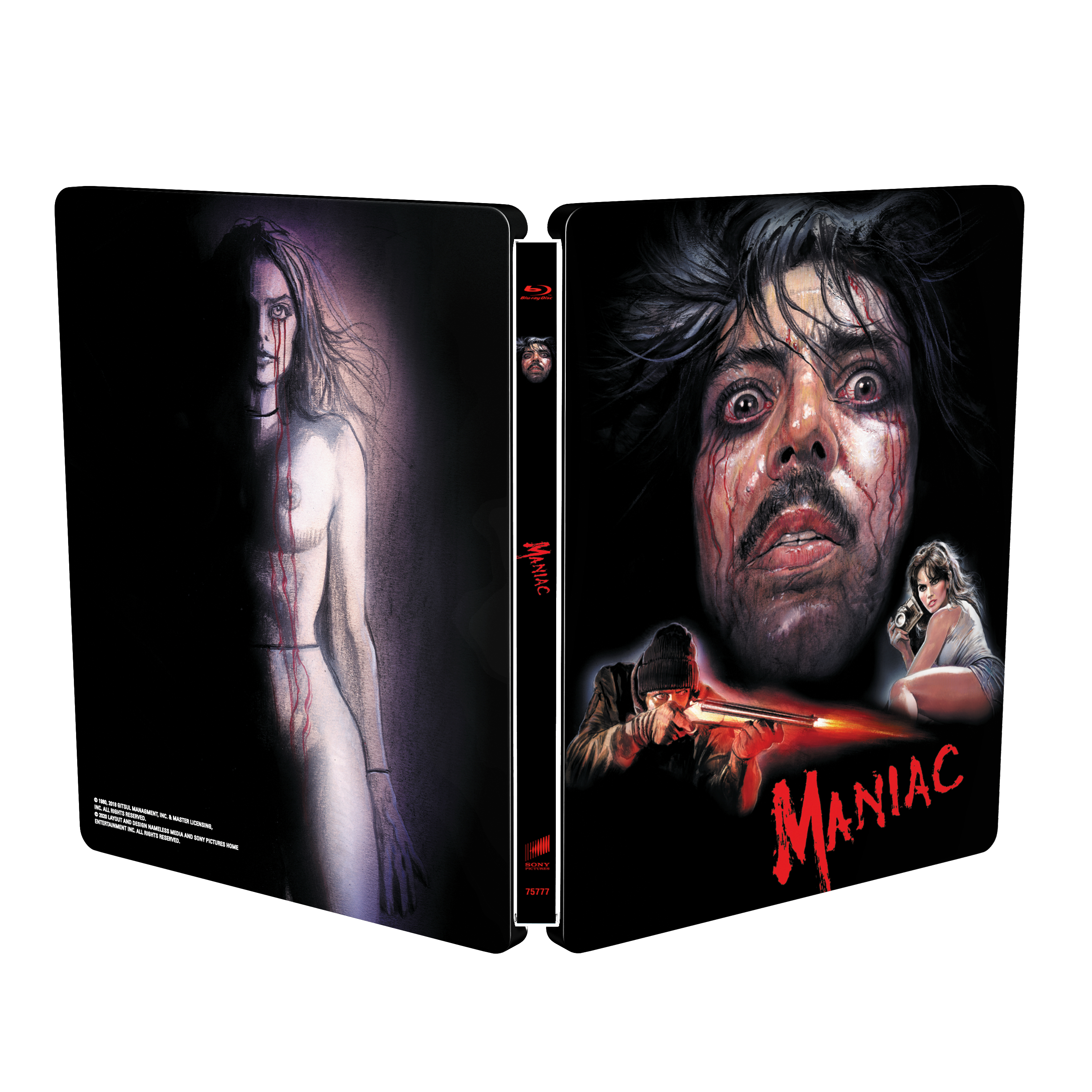 Blu-ray-Cover des Films Maniac. Eine Frau im Dunkeln und ein Mann mit Blut im Gesicht.