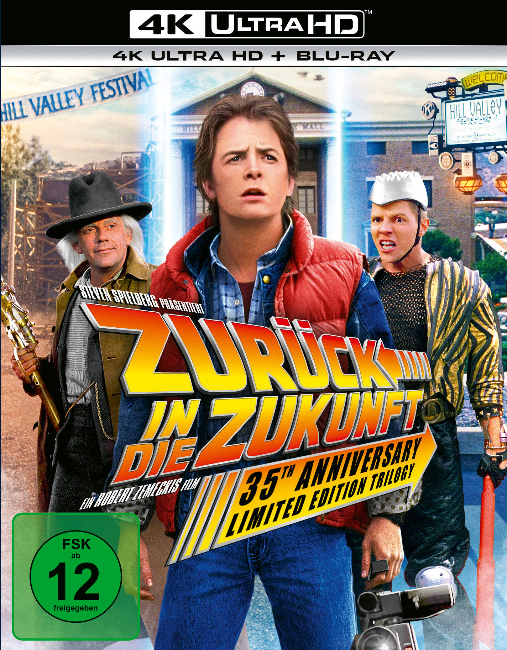 DVD-Hülle mit Filmtitel 'Zurück in die Zukunft', mit Schauspielern. Verschwommener Hintergrund.