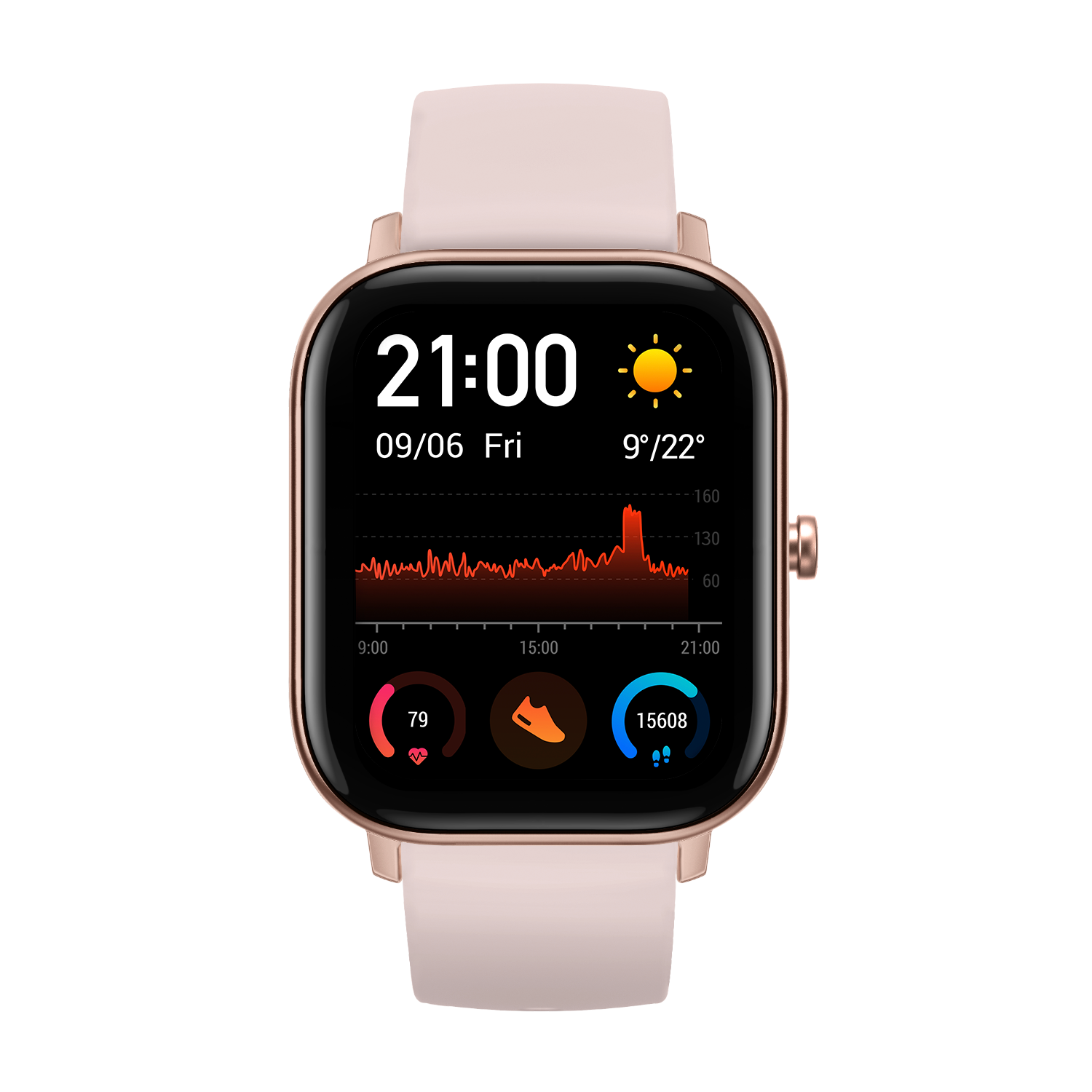 Un reloj inteligente oro rosa con pantalla cuadrada que muestra hora, fecha y métricas de salud.
