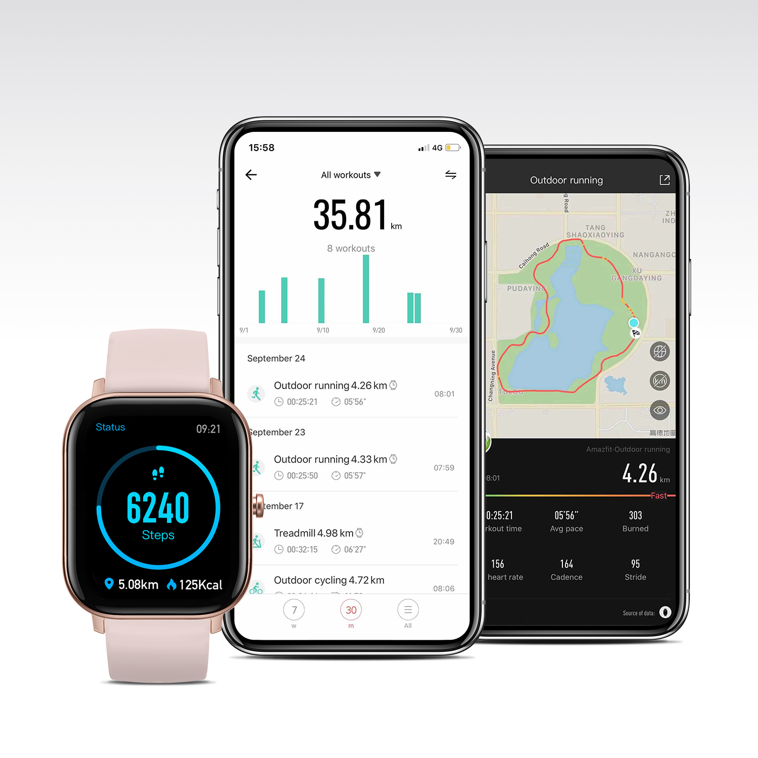 Tres smartphones y un smartwatch que muestran datos de entrenamiento, incluyendo pasos, distancia y mapas.