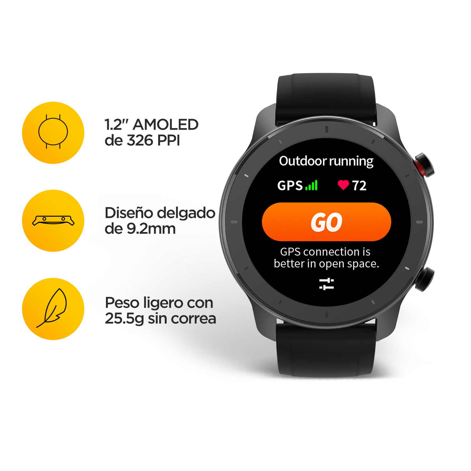 Smartwatch con correa negra. Muestra información de carrera. Iconos amarillos al lado.