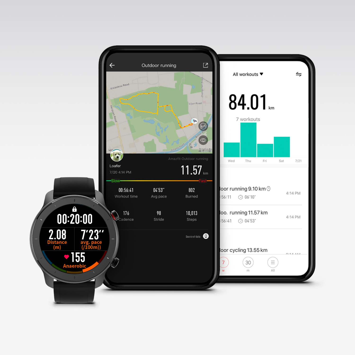 Un reloj inteligente y un teléfono inteligente mostrando datos de entrenamiento. El reloj muestra tiempo y estadísticas.
