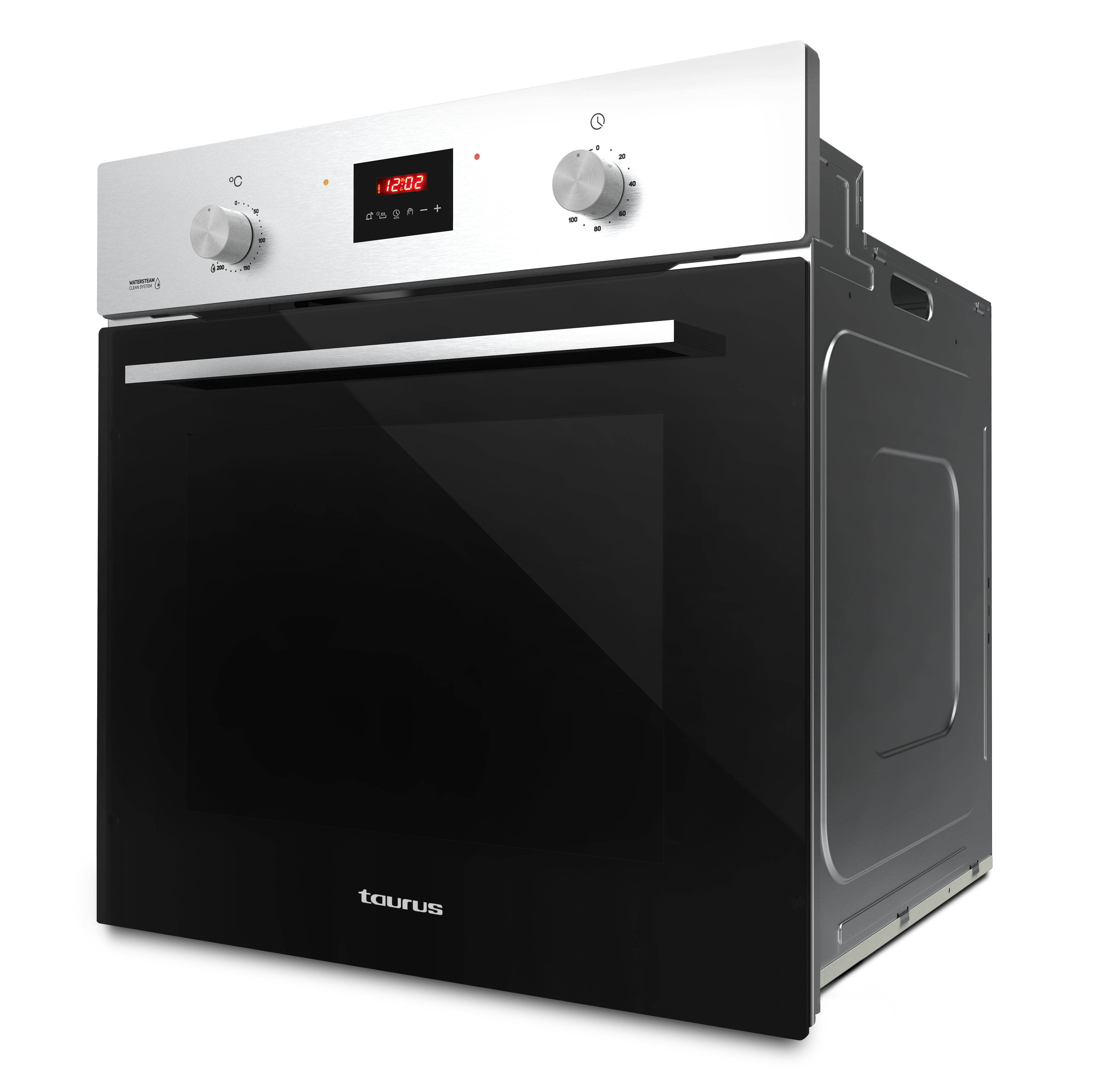 Horno empotrado con puerta negra y parte superior plateada. La pantalla muestra la hora.