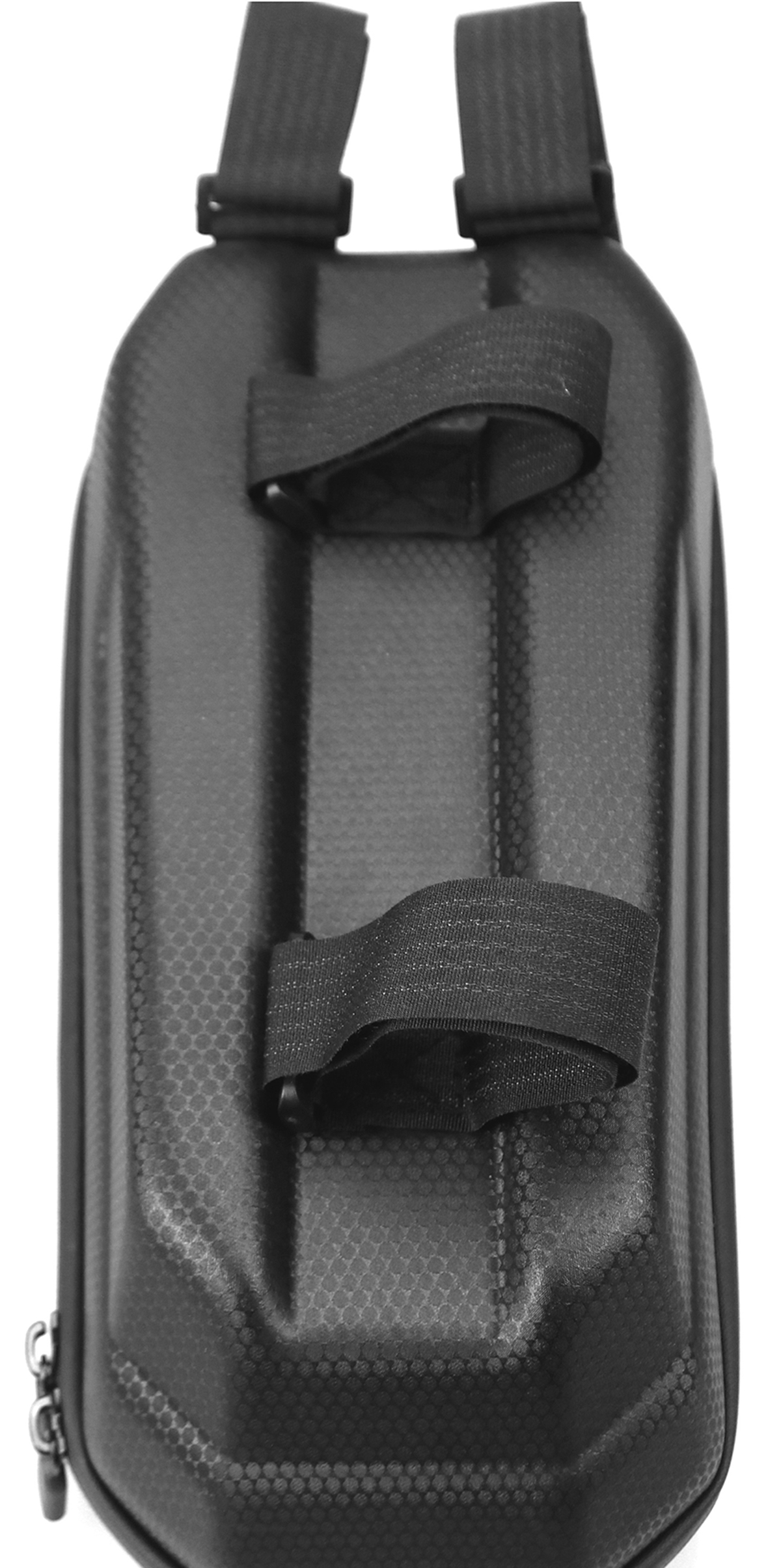 Black bicycle bag with elastic straps. It has a textured surface and a zipper.