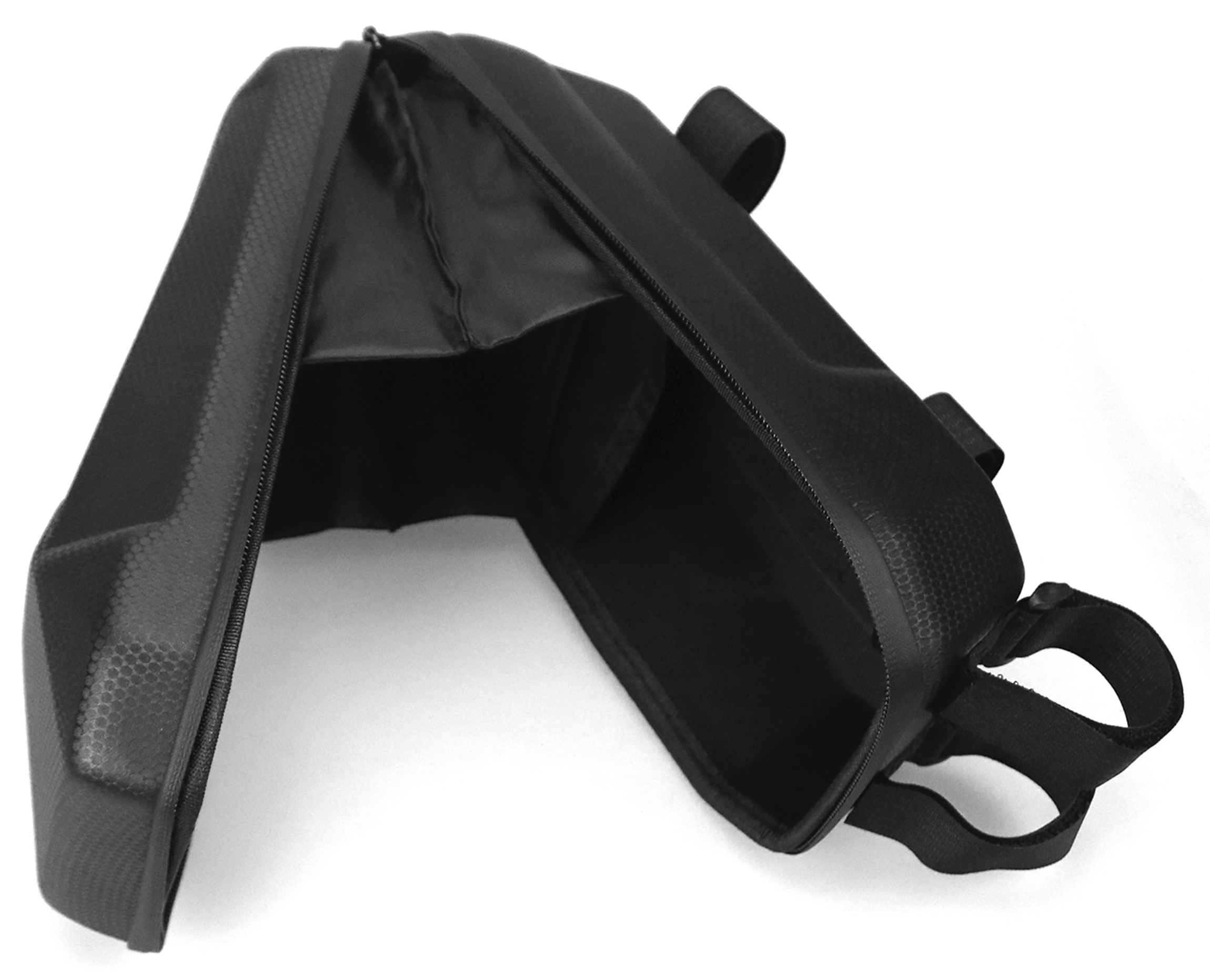Black bicycle bag with a zipper open, showing the inside.
