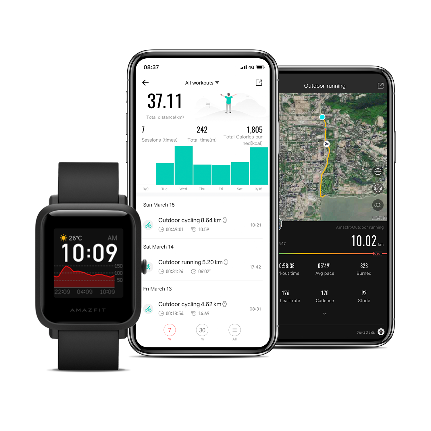 Reloj inteligente con datos de fitness; dos teléfonos con aplicaciones de actividad.