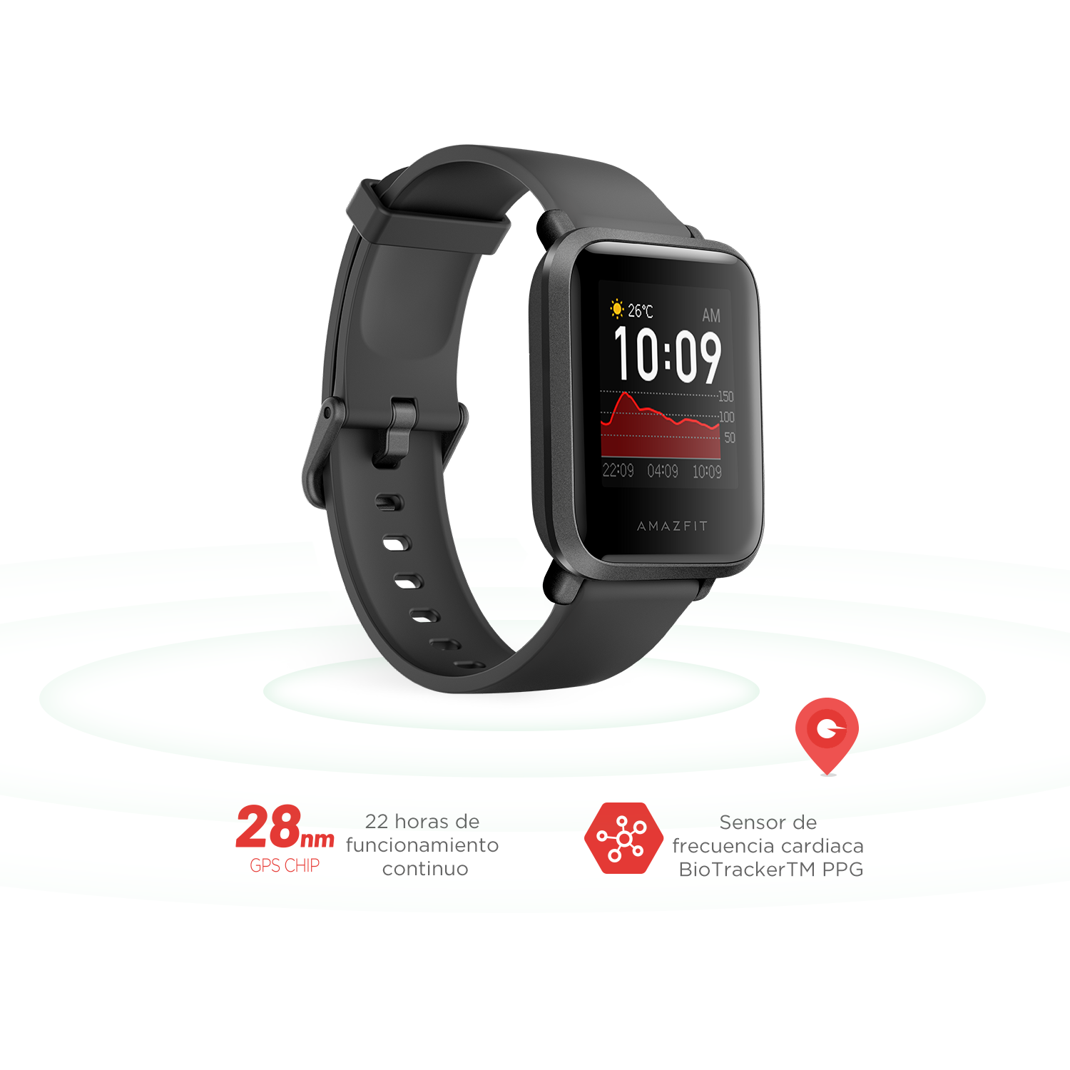 Reloj inteligente Amazfit negro con pantalla que muestra tiempo y estadísticas, superficie blanca.