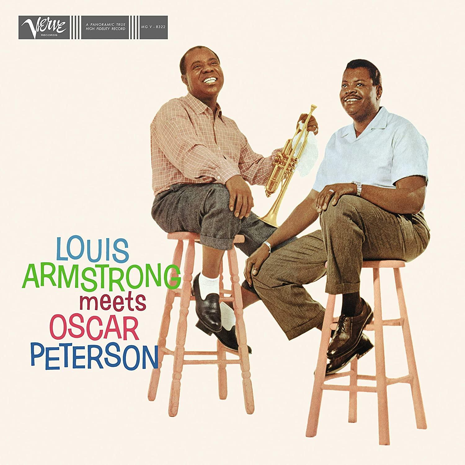 Louis Armstrong és Oscar Peterson album borítója, két férfi széken.