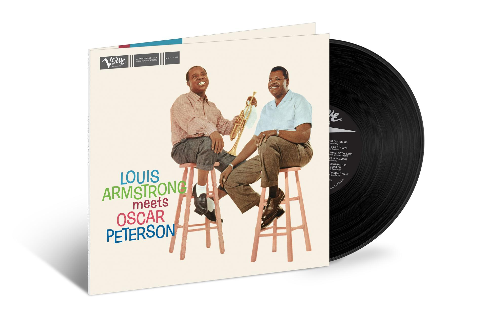 A Louis Armstrong meets Oscar Peterson album borítója, két férfival, akik zsámolyokon ülnek.