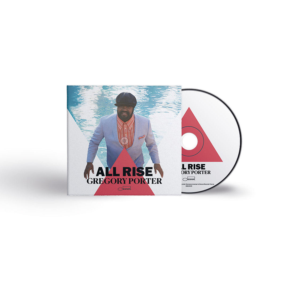 Albumhoes met een man in pak, met een cd op een witte achtergrond.