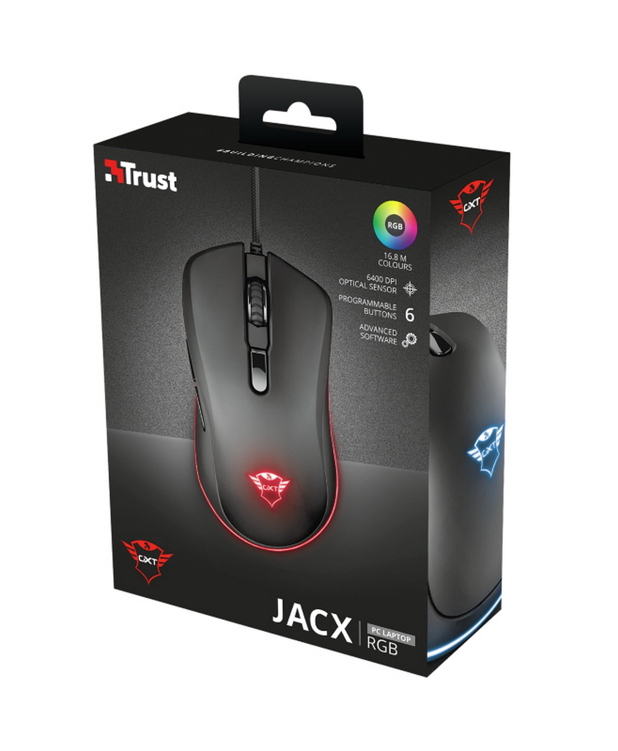 Ratón gaming - Trust GXT 930 Jacx RGB, Por cable, 6400 ppp, Botones programables, Retroiluminación RGB, Negro
