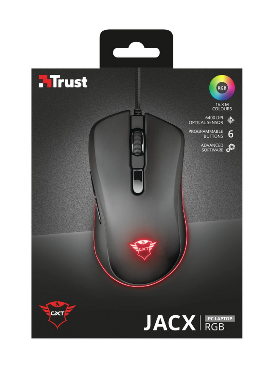 Ratón gaming - Trust GXT 930 Jacx RGB, Por cable, 6400 ppp, Botones programables, Retroiluminación RGB, Negro