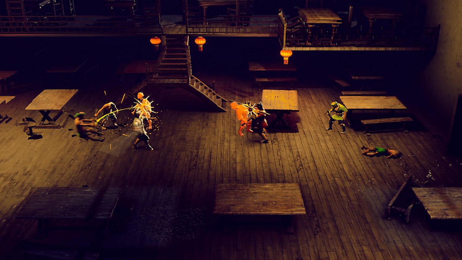 Una escena de un videojuego con personajes luchando en una habitación con suelo de madera.