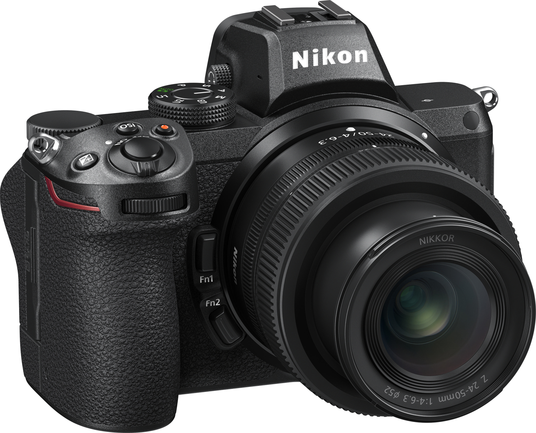 Un appareil photo Nikon série Z avec un objectif noir, sur fond blanc.
