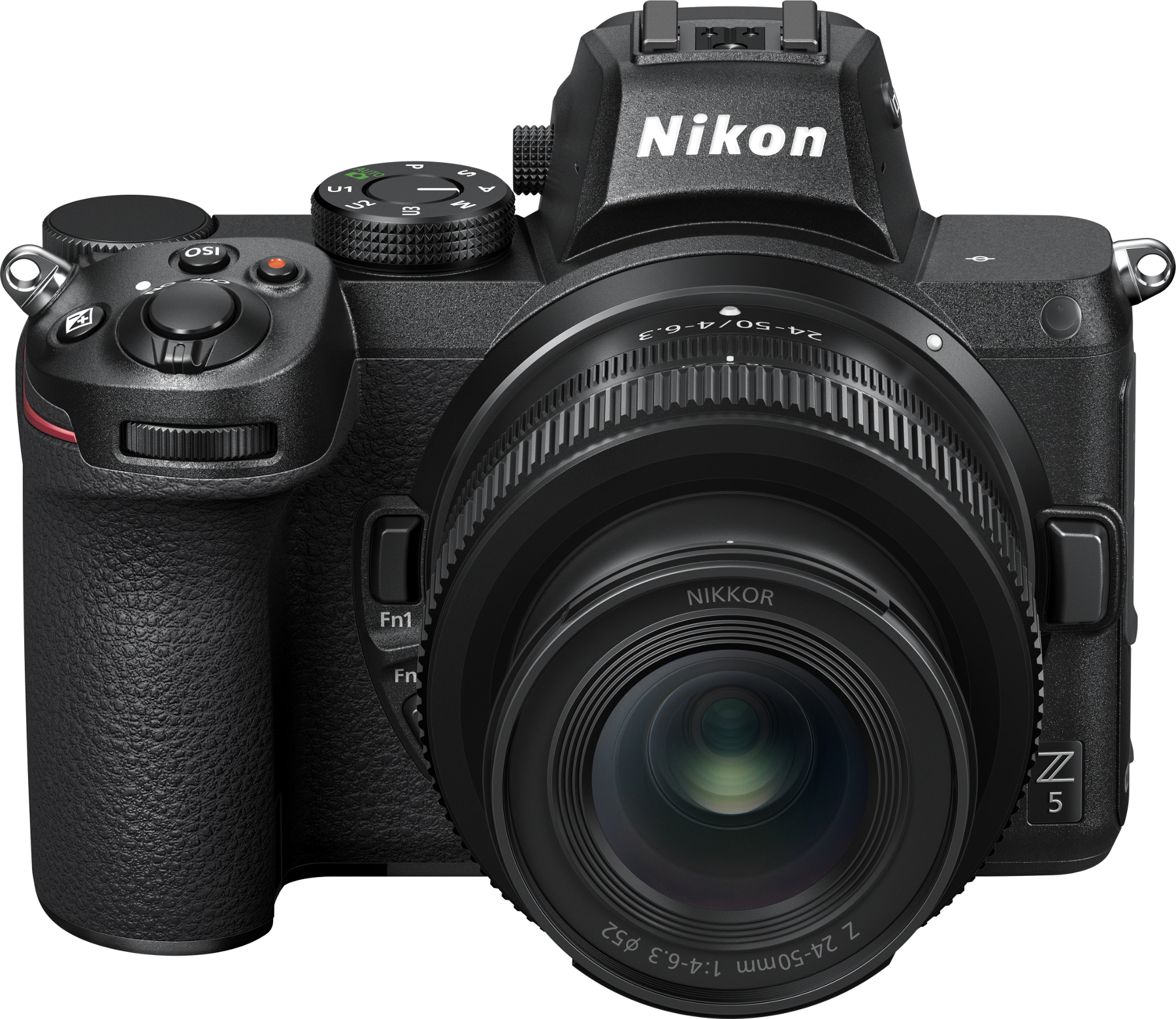 Appareil photo Nikon Z 5 noir avec objectif, boutons et logo Nikon sur le dessus.
