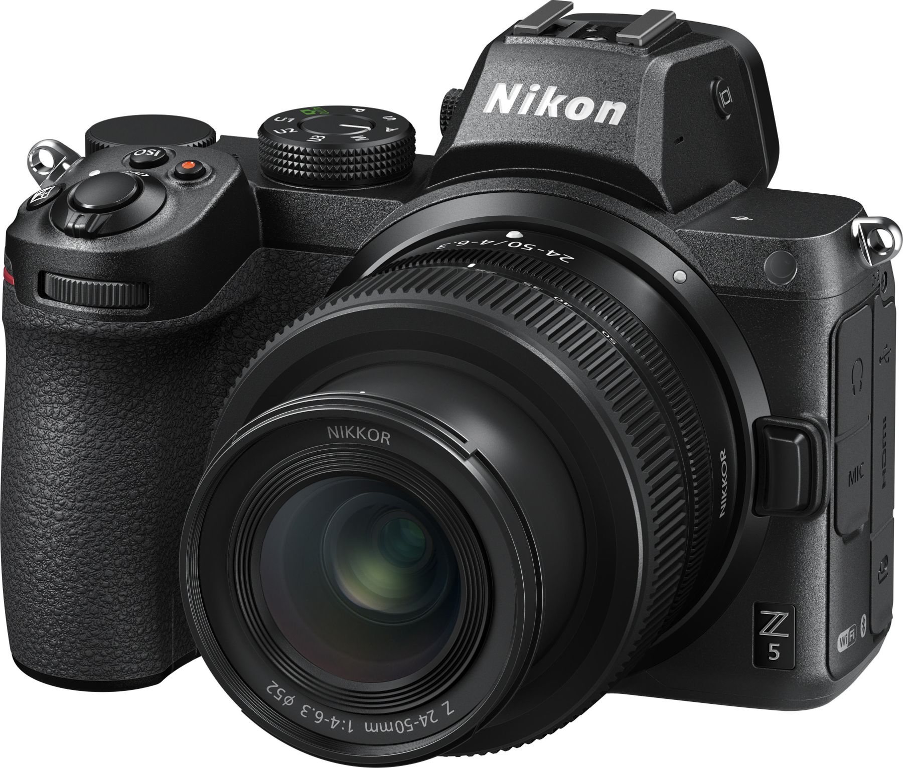 Appareil photo Nikon Z 5 noir avec objectif fixé, sur fond blanc.