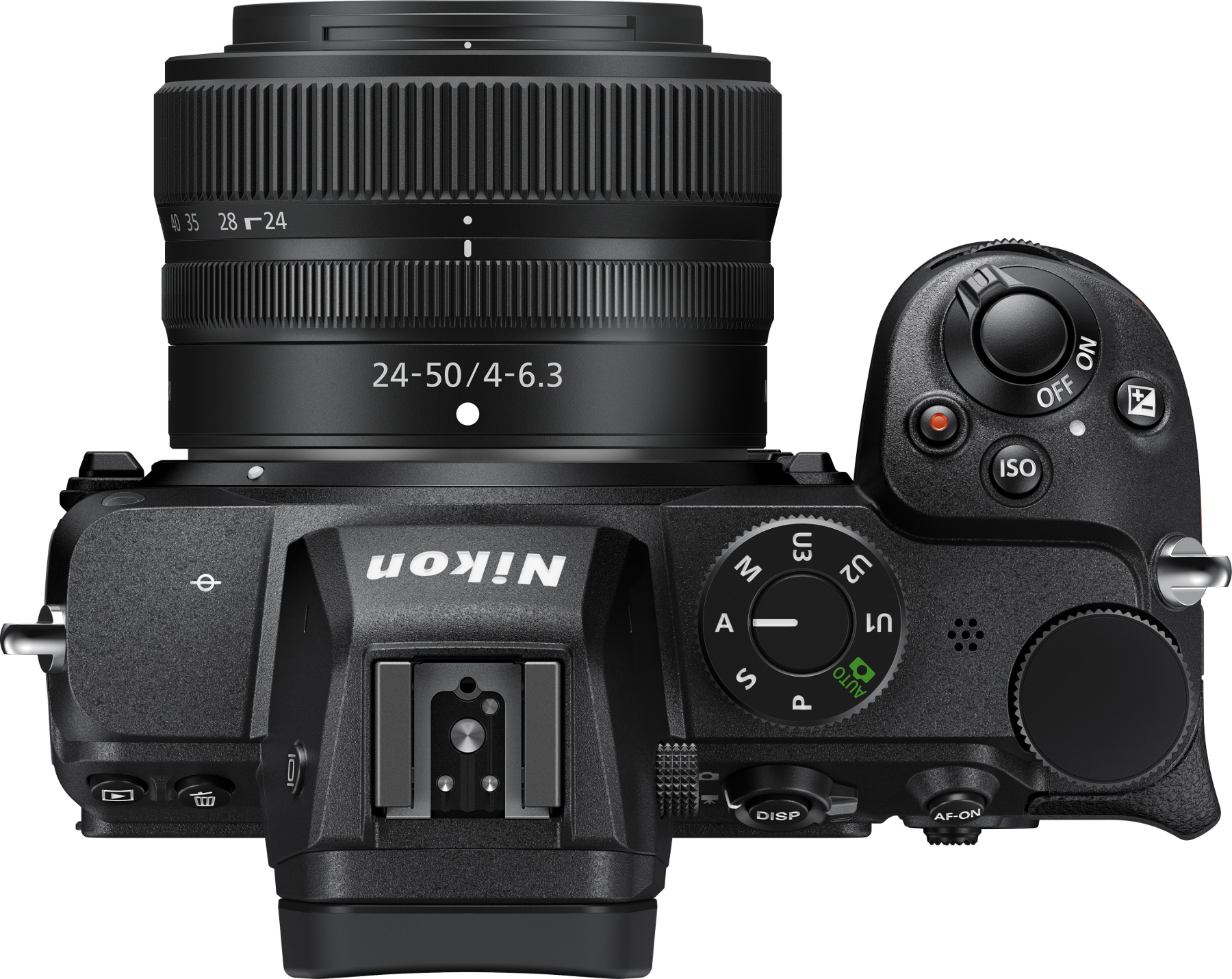 Appareil photo Nikon noir avec objectif et divers boutons vus d'en haut.